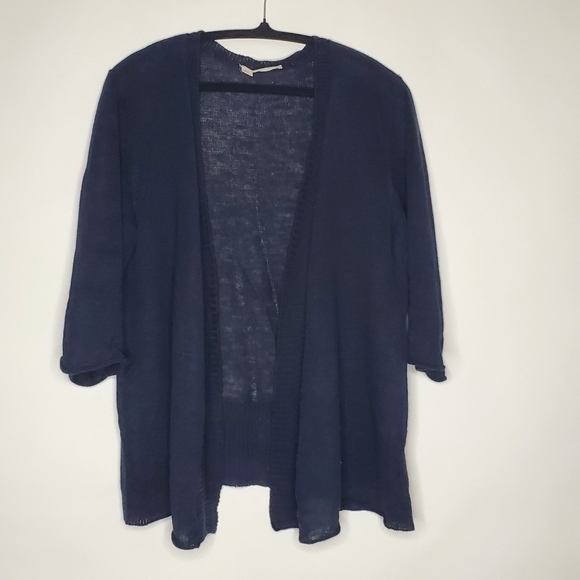 Eileen Fisher LINEN Open Front Cardigan Size L Navy 3/4 Sleeve Sweater Casual - Picture 9 of 10